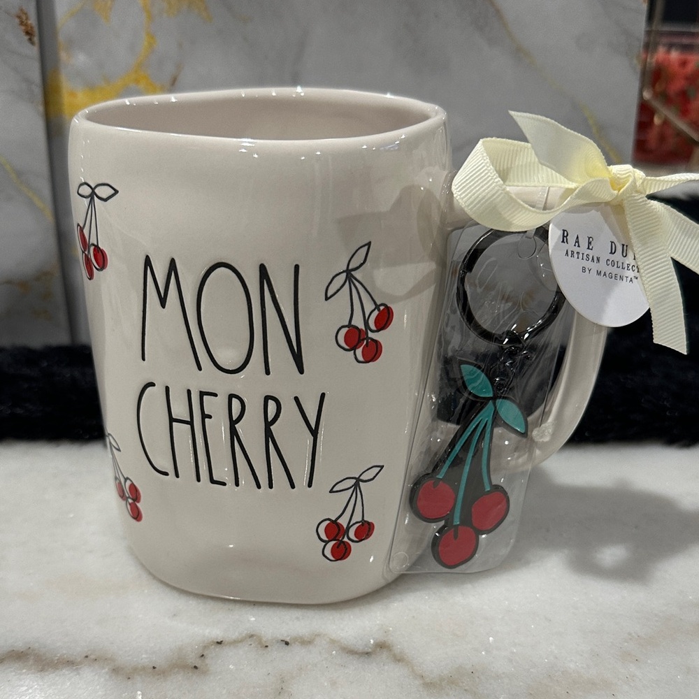 Rae Dunn Mon Cherry Mug with Allover cherry design and keychain